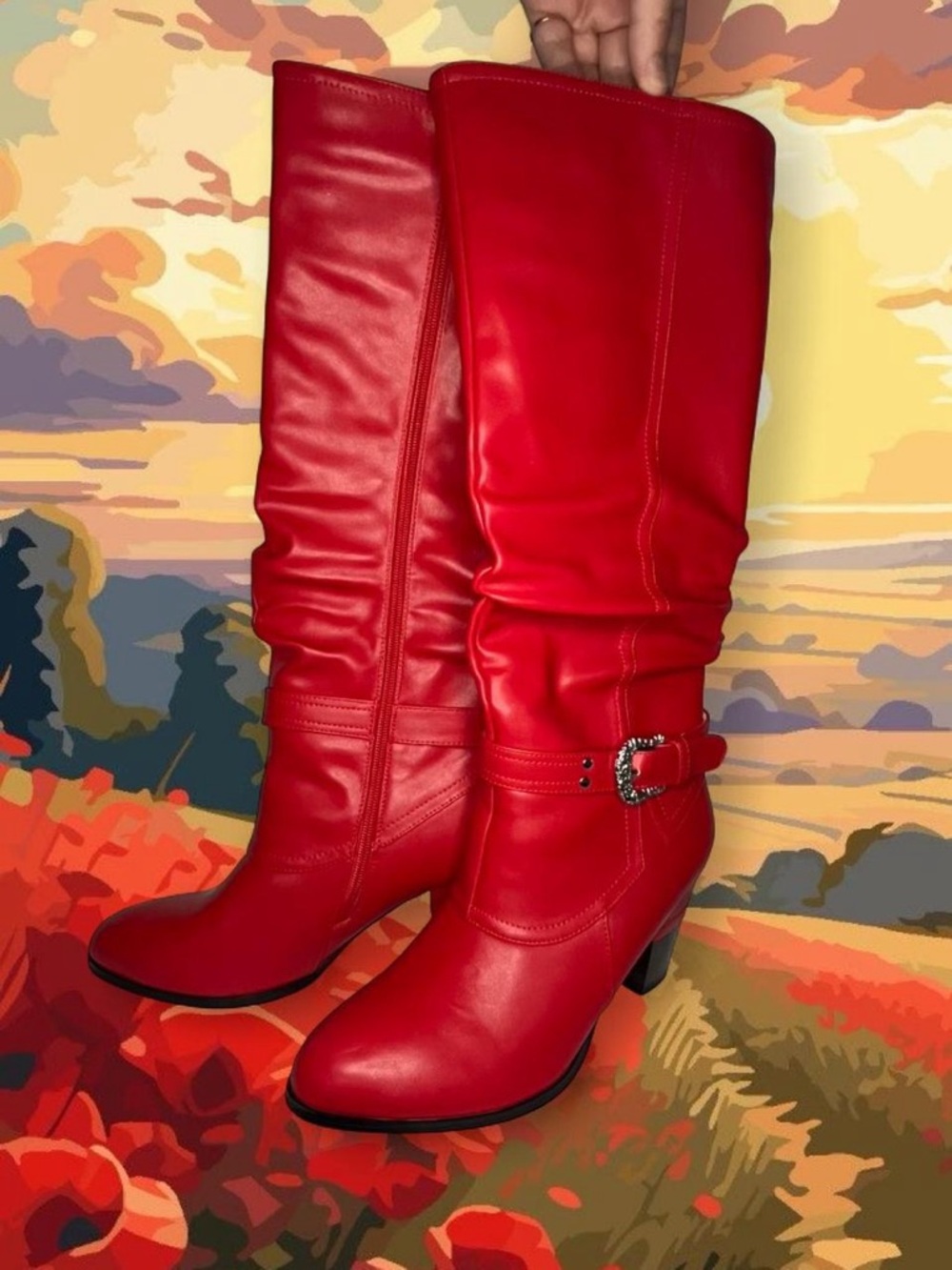 Ashro Red Calf High Buckle Heel Boots